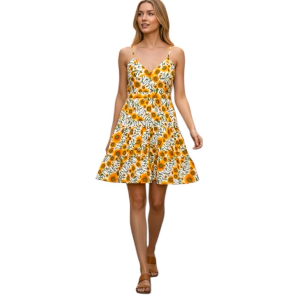 Isaac Mizrahi Sunflower Dress White Orange Floral 8 Sweetheart Neckline Ruffles